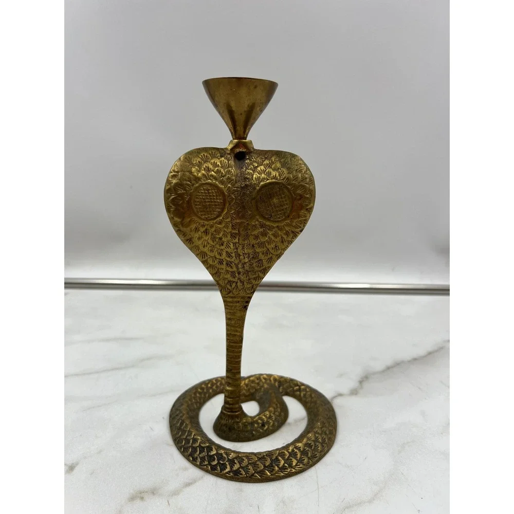 Vintage Solid Brass Cobra Snake Candlestick Holder Etched Coiled Base 8.5 Inch